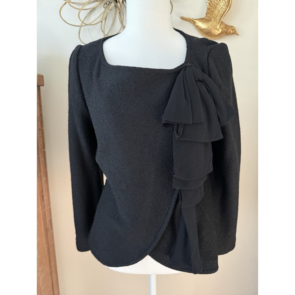 St John Evening Black Knit Jacket Ruffle Pleated Trim USA Size 4 Designer